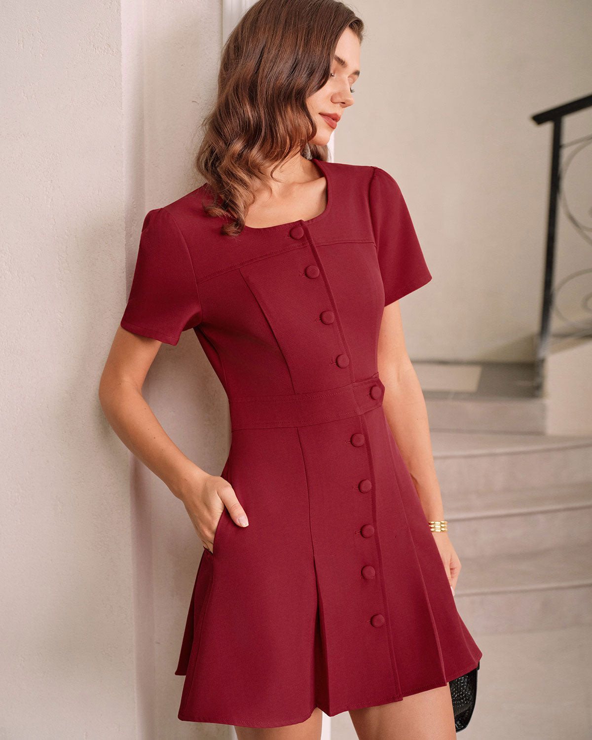 Red U Neck A-Line Mini Dress