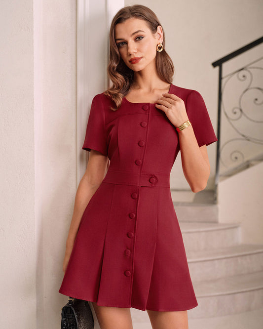 Red U Neck A-Line Mini Dress